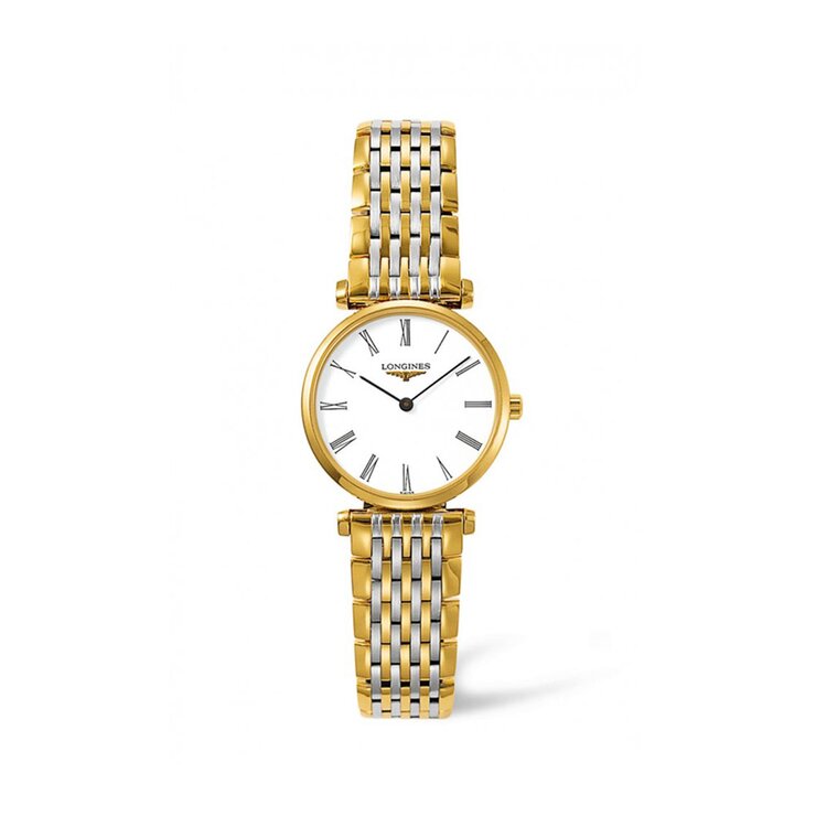 Longines horloge met een kast in gele pvd-coating, met een wijzerplaat in het wit en een diameter van 24