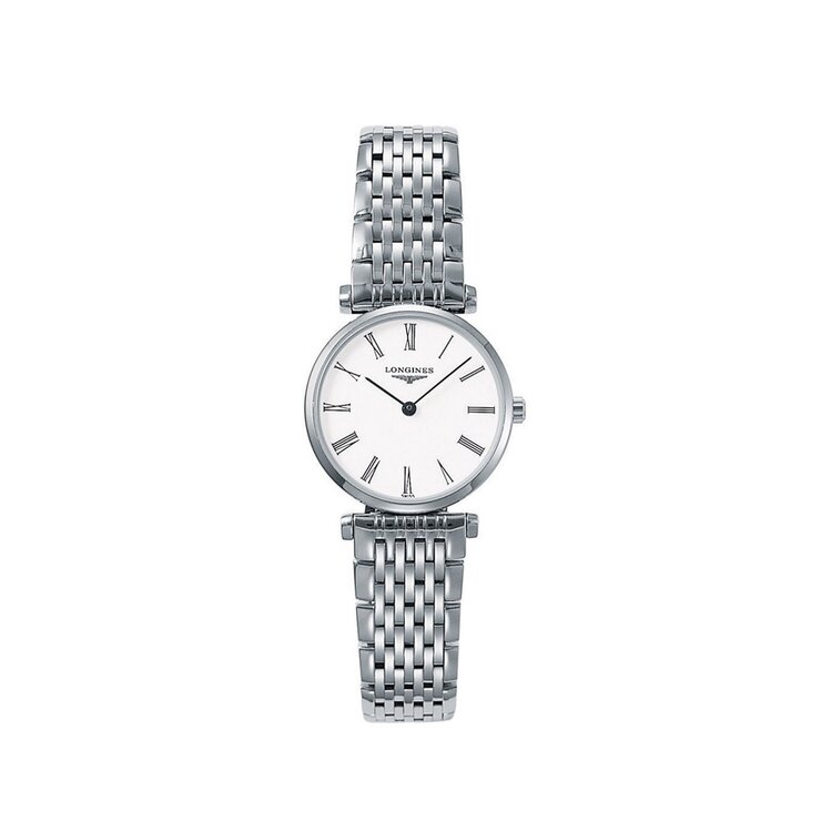 Longines horloge met een kast in staal, met een wijzerplaat in het wit en een diameter van 24