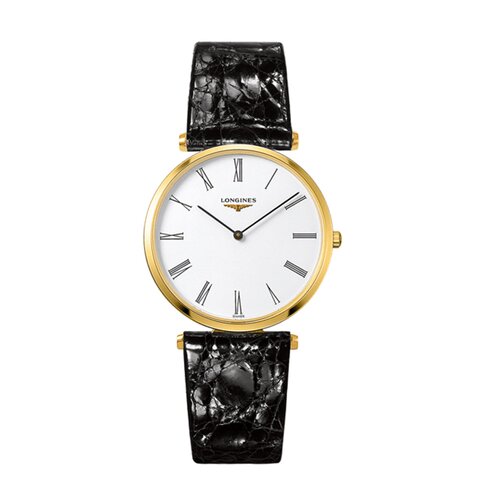 Longines horloge met een kast in gele pvd-coating, met een wijzerplaat in het wit en een diameter van 36 mm