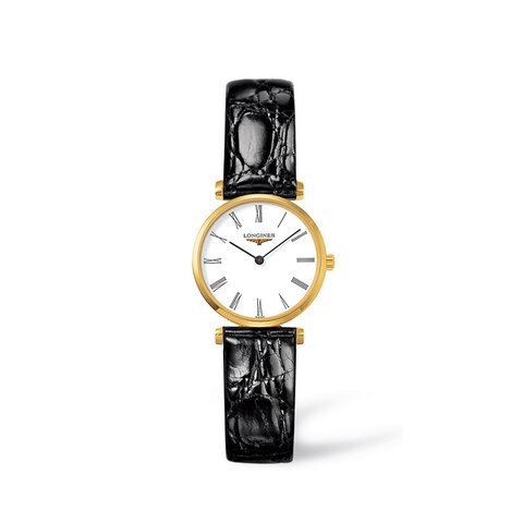 Longines horloge met een kast in gele pvd-coating, met een wijzerplaat in het wit en een diameter van 24 mm