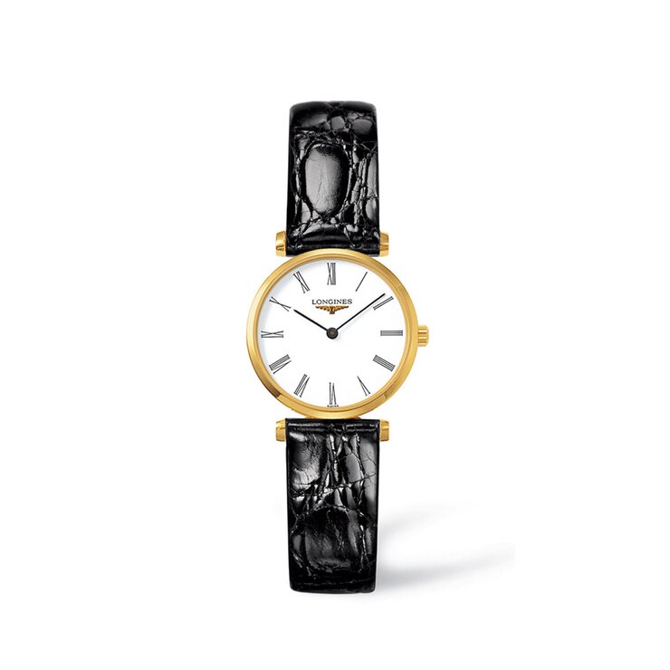 Longines horloge met een kast in gele pvd-coating, met een wijzerplaat in het wit en een diameter van 24