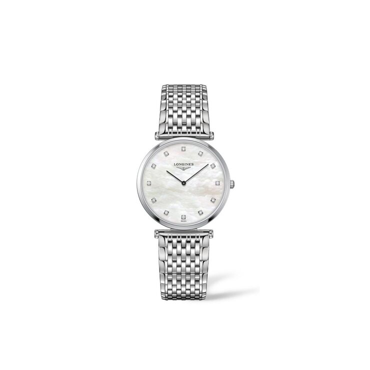 montre Longines avec un boîtier en acier, un cadran nacre avec brillant et un diamètre de 29