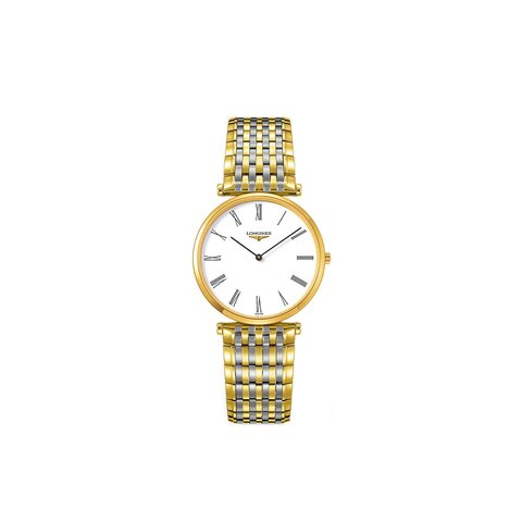 Longines horloge met een kast in gele pvd-coating, met een wijzerplaat in het wit en een diameter van 29 mm