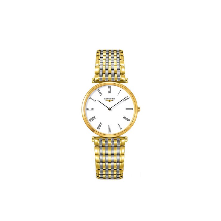 Longines horloge met een kast in gele pvd-coating, met een wijzerplaat in het wit en een diameter van 29