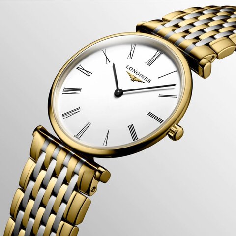 Longines horloge met een kast in gele pvd-coating, met een wijzerplaat in het wit en een diameter van 29 mm