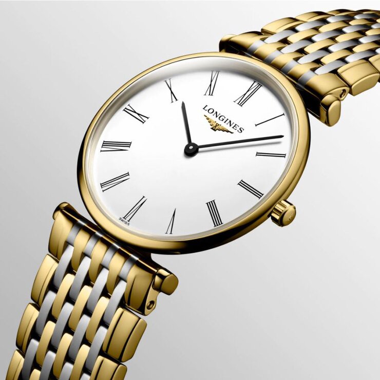 Longines horloge met een kast in gele pvd-coating, met een wijzerplaat in het wit en een diameter van 29