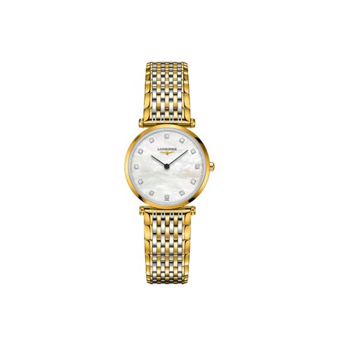Longines horloge met een kast in gele pvd-coating, met een wijzerplaat in het parelmoer met  briljant en een diameter van 29 mm