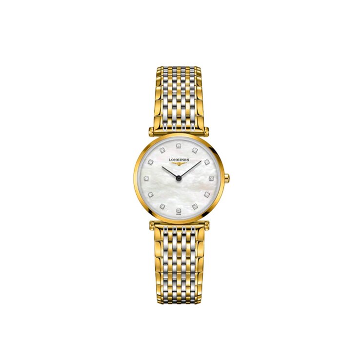 Longines horloge met een kast in gele pvd-coating, met een wijzerplaat in het parelmoer met  briljant en een diameter van 29