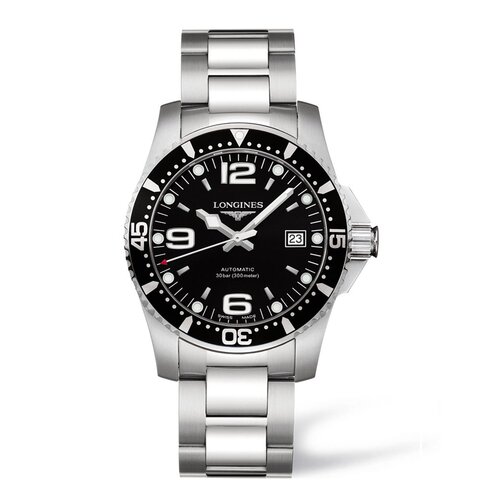 Longines horloge met een kast in staal, met een wijzerplaat in het zwart en een diameter van 41 mm