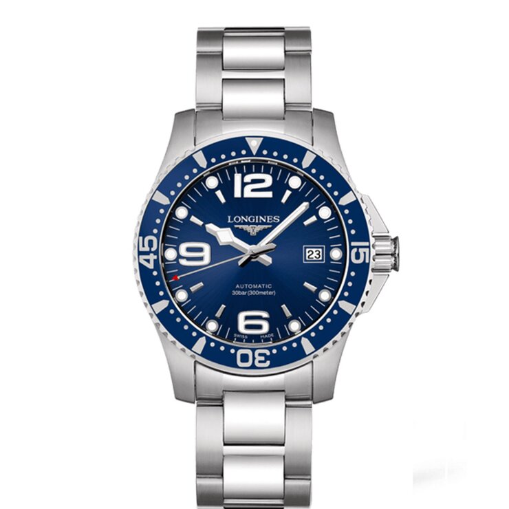 Longines horloge met een kast in staal, met een wijzerplaat in het blauw en een diameter van 41