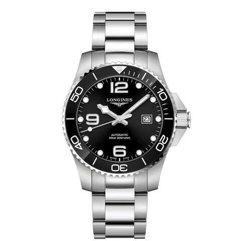 Longines horloge met een kast in staal, met een wijzerplaat in het zwart en een diameter van 43 mm