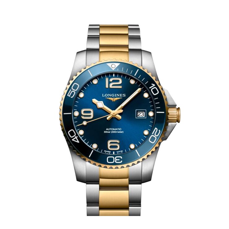 Longines horloge met een kast in staal, met een wijzerplaat in het blauw en een diameter van 41