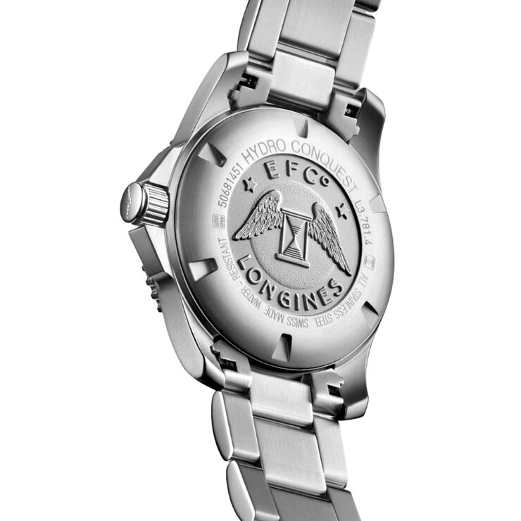 Longines horloge met een kast in staal, met een wijzerplaat in het zwart en een diameter van 41