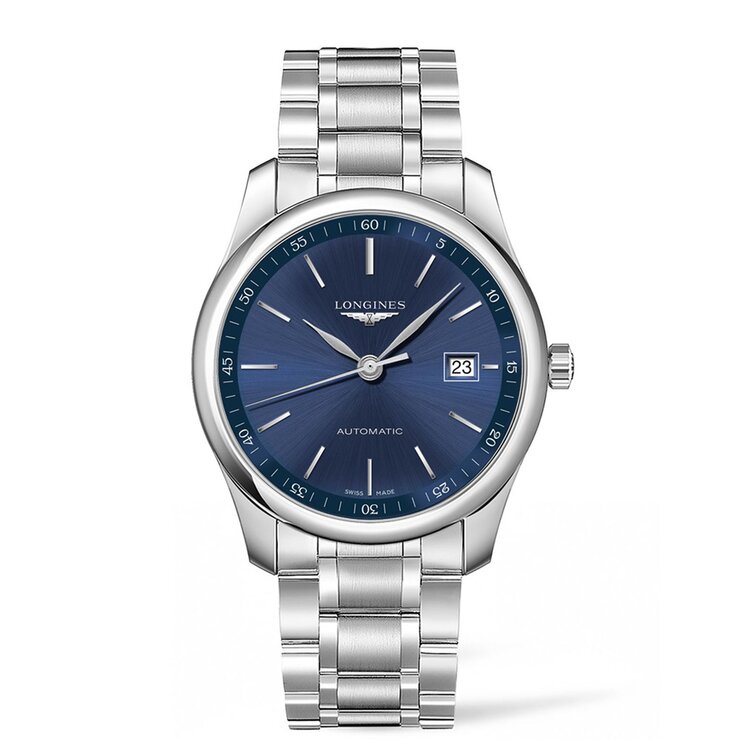 Longines horloge met een kast in staal, met een wijzerplaat in het blauw en een diameter van 42