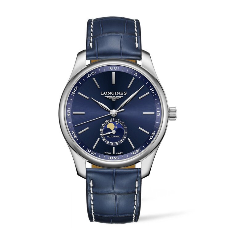 montre Longines avec un boîtier en acier, un cadran bleu et un diamètre de 42