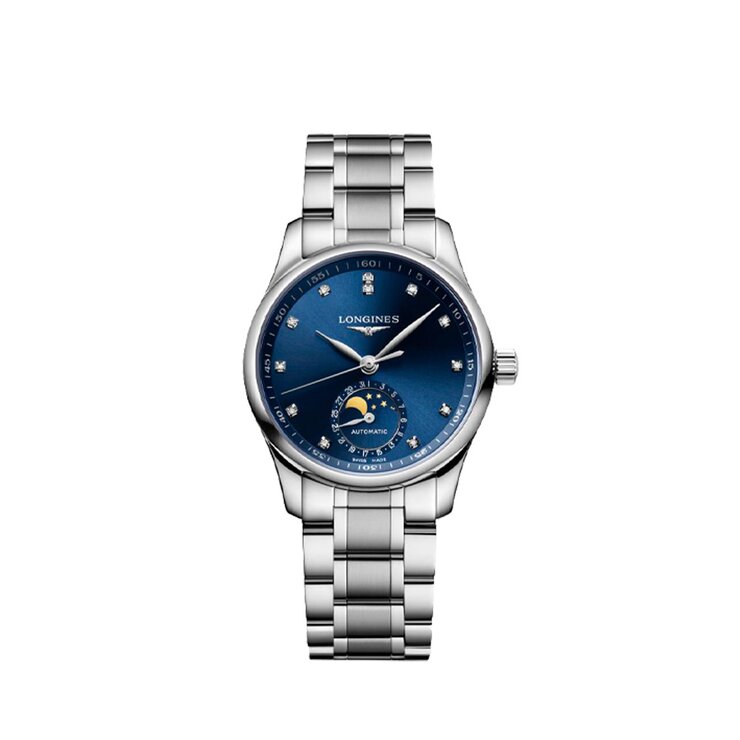 montre Longines avec un boîtier en acier, un cadran bleu avec diamant et un diamètre de 34