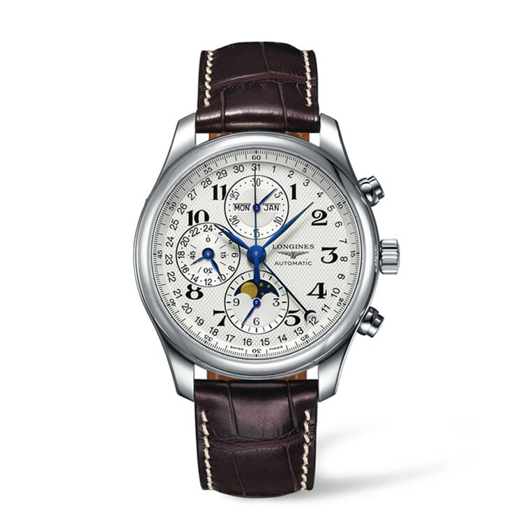 Longines horloge met een kast in staal, met een wijzerplaat in het wit en een diameter van 42