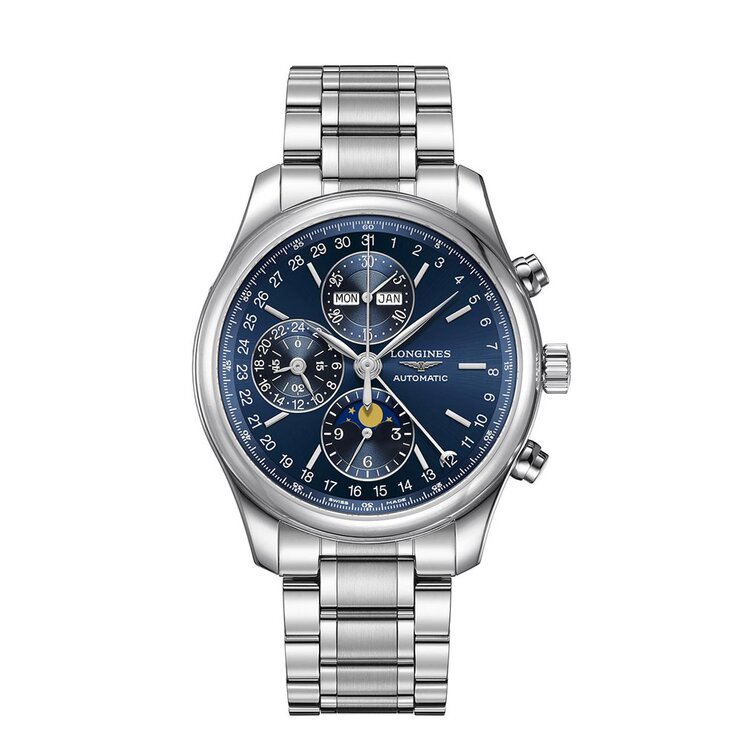 Longines horloge met een kast in staal, met een wijzerplaat in het blauw en een diameter van 42