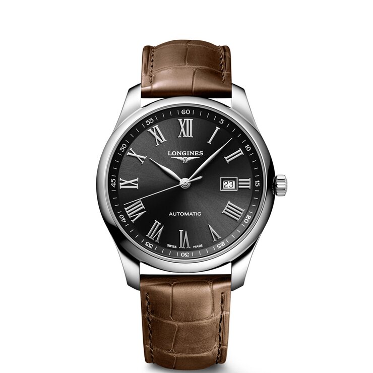 Longines horloge met een kast in staal, met een wijzerplaat in het zwart en een diameter van 42