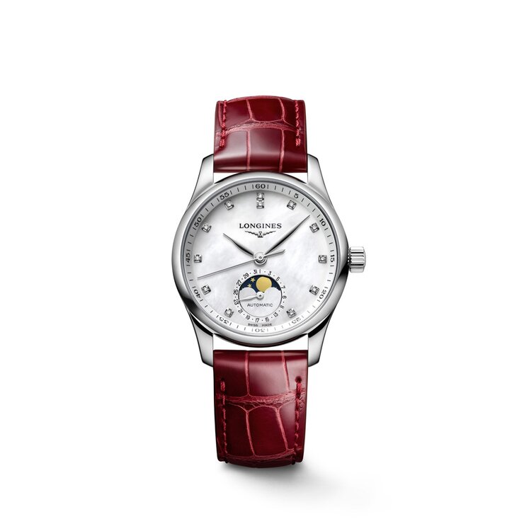 Longines horloge met een kast in staal, met een wijzerplaat in het parelmoer met  briljant en een diameter van 34