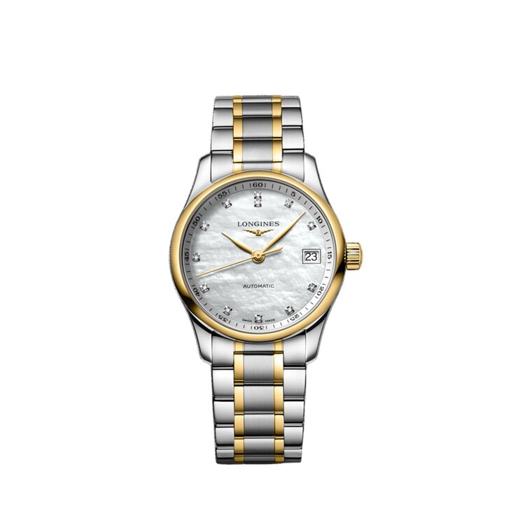 Longines horloge met een kast in staal, met een wijzerplaat in het parelmoer met  briljant en een diameter van 34