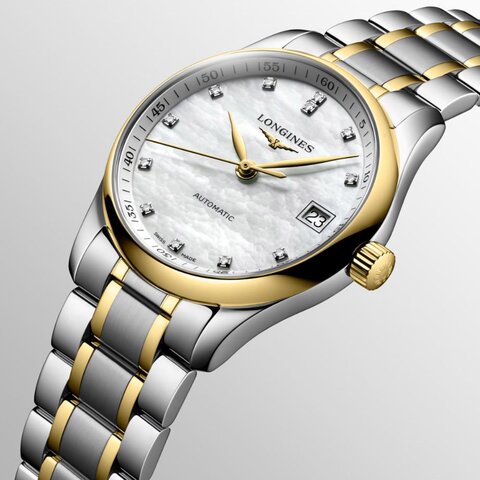 Longines horloge met een kast in staal, met een wijzerplaat in het parelmoer met  briljant en een diameter van 34 mm