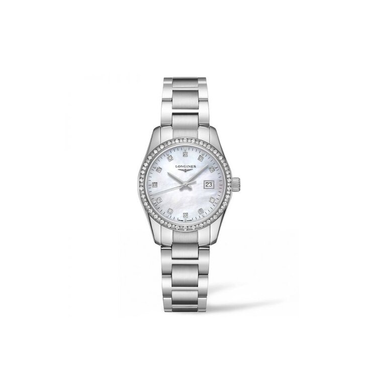 Longines horloge met een kast in staal, met een wijzerplaat in het parelmoer met  briljant en een diameter van 29,5