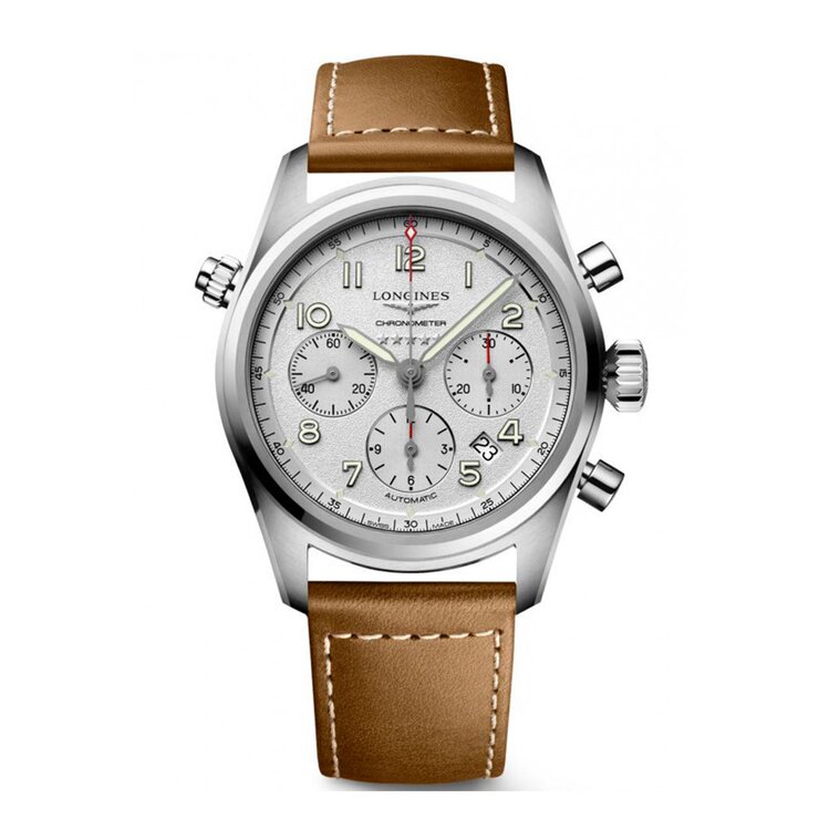 montre Longines avec un boîtier en acier, un cadran argent et un diamètre de 42