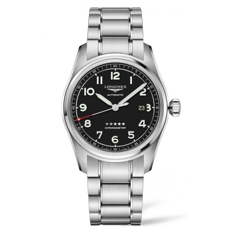 Longines horloge met een kast in staal, met een wijzerplaat in het zwart en een diameter van 42