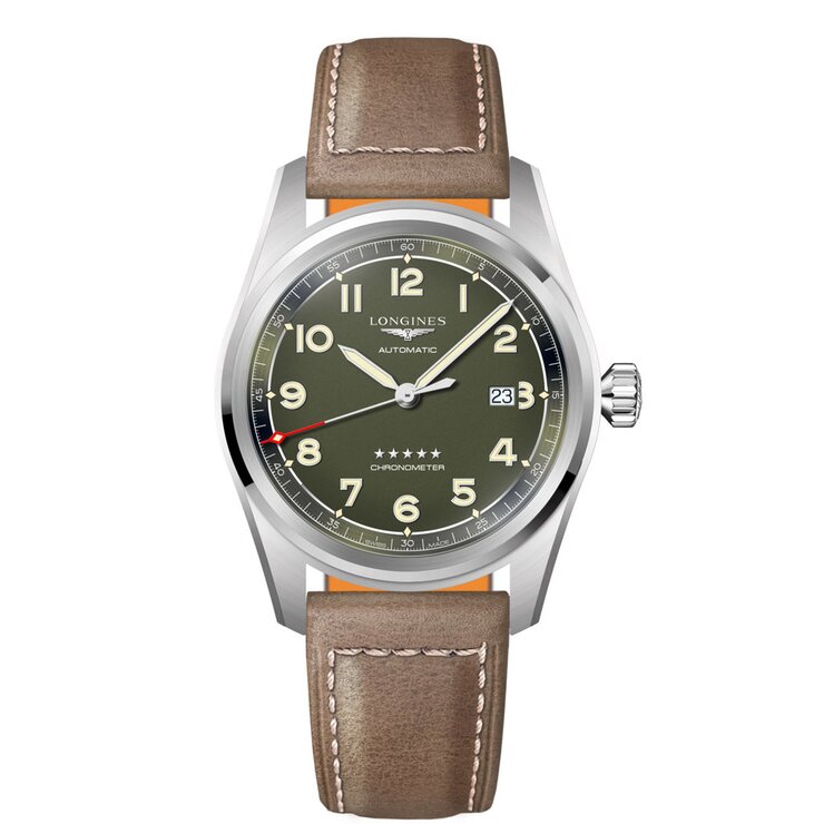 Longines horloge met een kast in staal, met een wijzerplaat in het groen en een diameter van 42