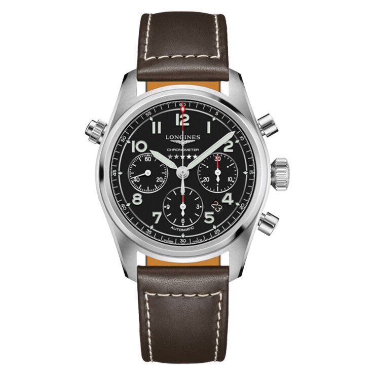 Longines horloge met een kast in staal, met een wijzerplaat in het zwart en een diameter van 42