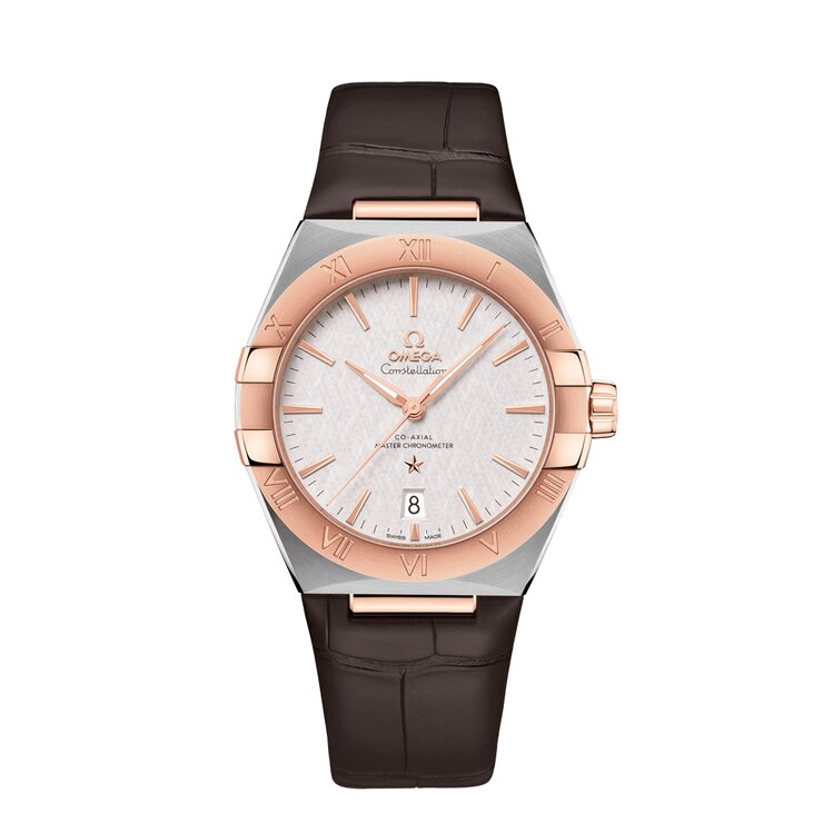 Omega horloge met een kast in rosé goud op staal, met een wijzerplaat in het zilver en een diameter van 39