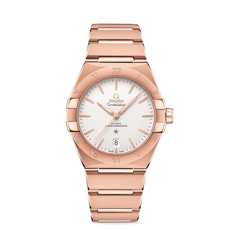 Omega horloge met een kast in rosé goud, met een wijzerplaat in het zilver en een diameter van 39
