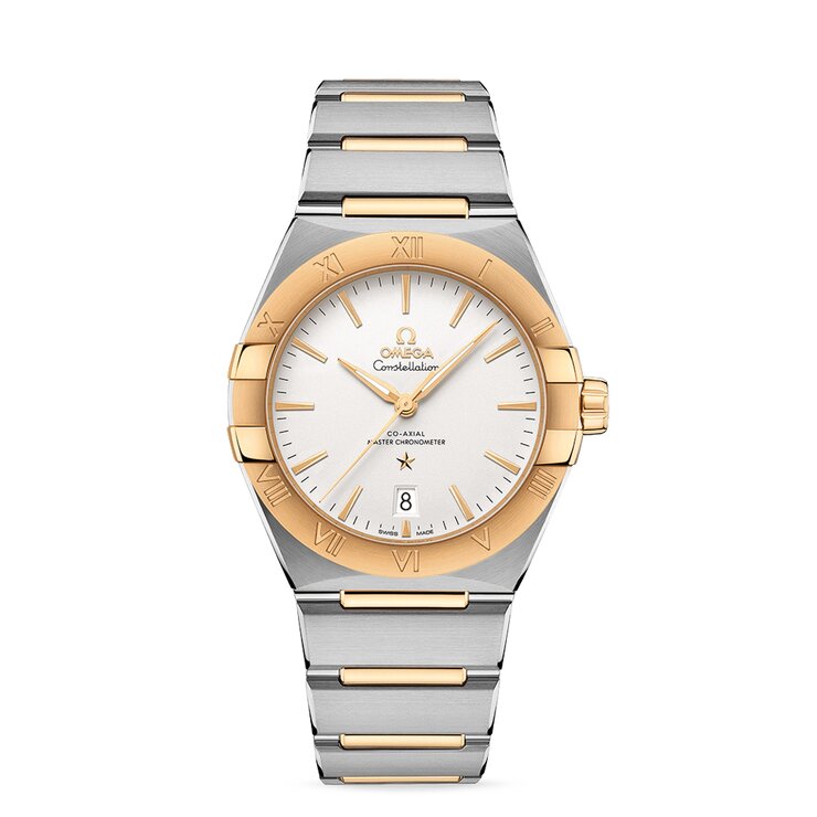Omega horloge met een kast in geel goud op staal, met een wijzerplaat in het zilver en een diameter van 39