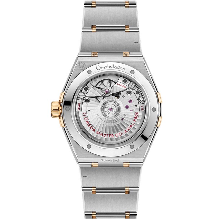 Omega horloge met een kast in geel goud op staal, met een wijzerplaat in het zilver en een diameter van 39