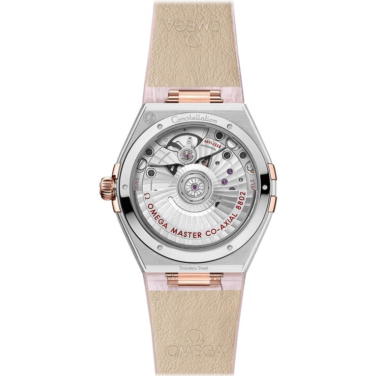 Omega horloge met een kast in rosé goud op staal, met een wijzerplaat in het wit met  briljant en een diameter van 34