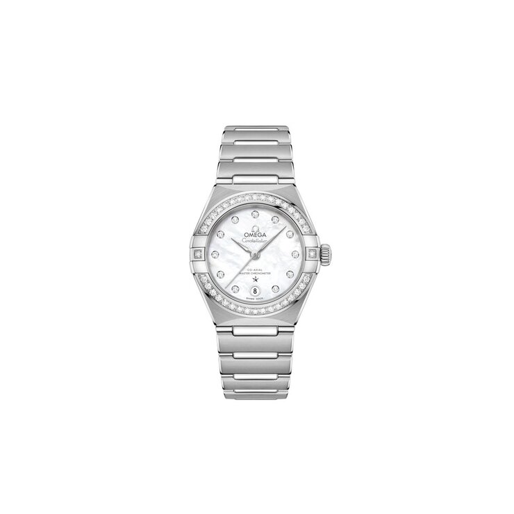 montre Omega avec un boîtier en acier, un cadran nacre avec brillant et un diamètre de 29 mm
