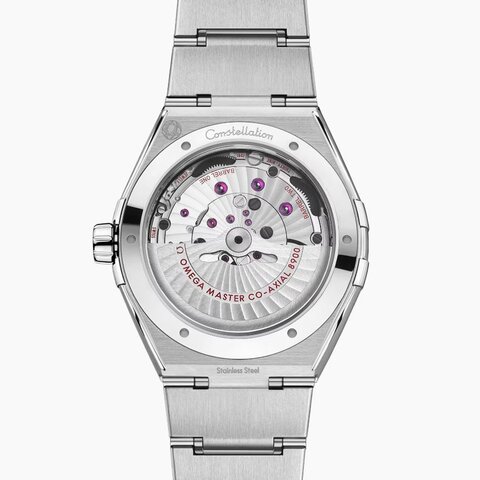 Omega horloge met een kast in staal, met een wijzerplaat in het blauw en een diameter van 41 mm