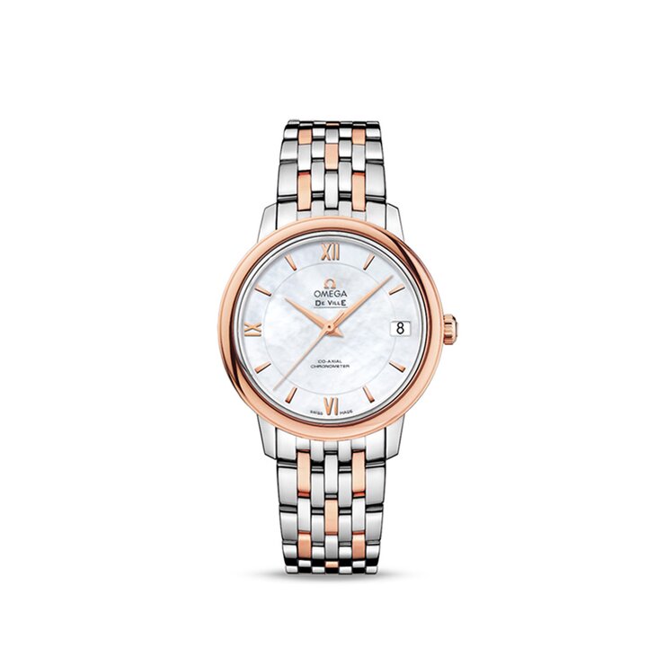 Omega horloge met een kast in rosé goud op staal, met een wijzerplaat in het parelmoer en een diameter van 32.7