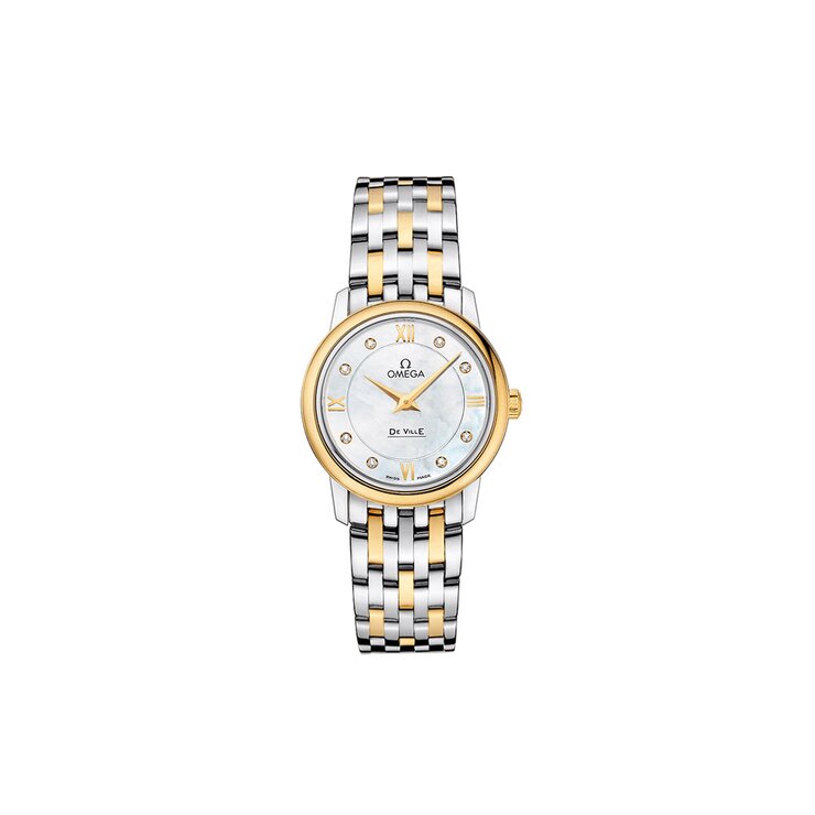 Omega horloge met een kast in geel goud op staal, met een wijzerplaat in het parelmoer met  briljant en een diameter van 27
