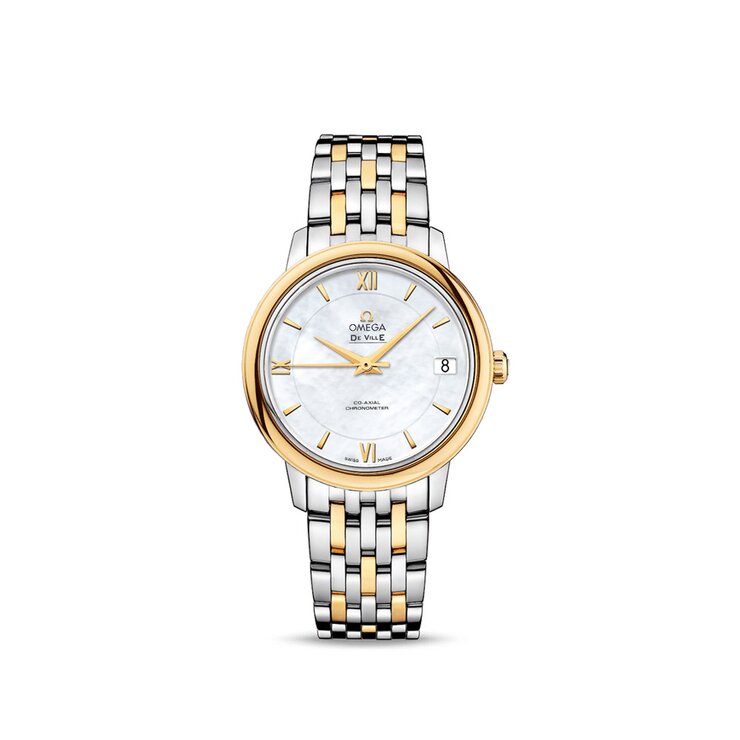 Omega horloge met een kast in geel goud op staal, met een wijzerplaat in het parelmoer en een diameter van 32.7