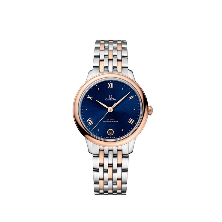 Omega horloge met een kast in staal, met een wijzerplaat in het blauw en een diameter van 34