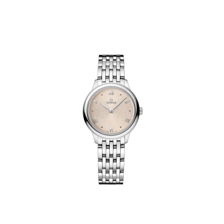 Omega horloge met een kast in staal, met een wijzerplaat in het beige en een diameter van 27,5