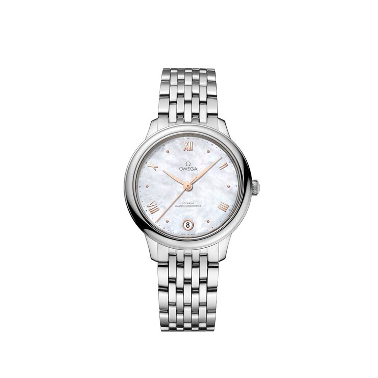montre Omega avec un boîtier en acier, un cadran nacre et un diamètre de 34