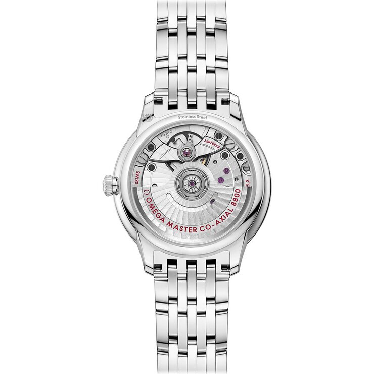 montre Omega avec un boîtier en acier, un cadran nacre et un diamètre de 34