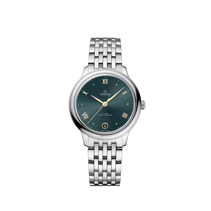 Omega horloge met een kast in staal, met een wijzerplaat in het groen en een diameter van 34