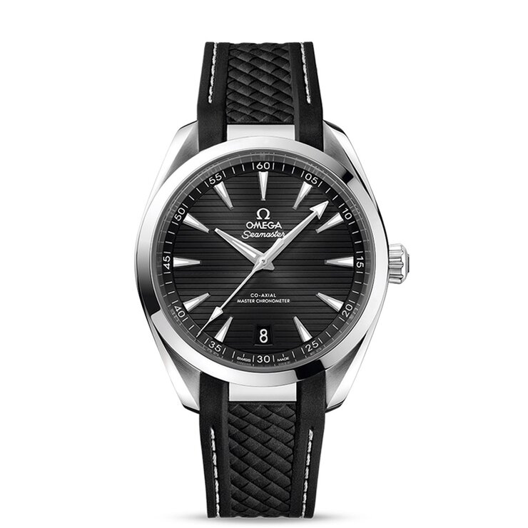 Omega horloge met een kast in staal, met een wijzerplaat in het zwart en een diameter van 41