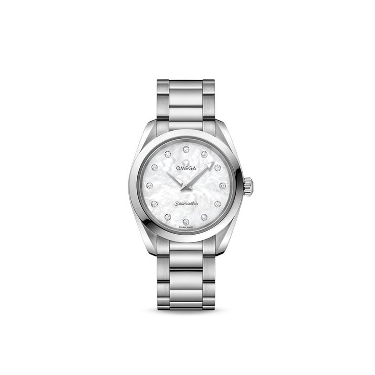 montre Omega avec un boîtier en acier, un cadran nacre avec brillant et un diamètre de 28 mm