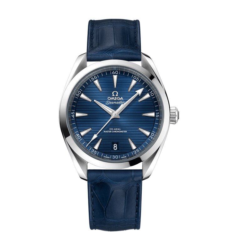 Omega horloge met een kast in staal, met een wijzerplaat in het blauw en een diameter van 41