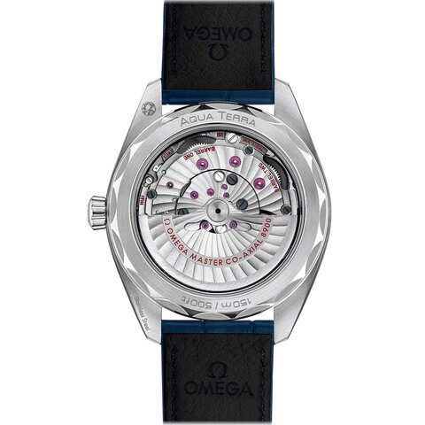 Omega horloge met een kast in staal, met een wijzerplaat in het blauw en een diameter van 41 mm
